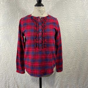 Lands End Red Tartan Plaid Flannel Ruffle long sleeve Shirt
